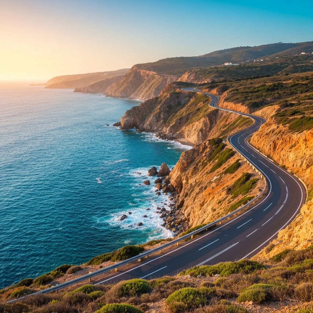 Estrada costeira em Portugal ao pôr do sol