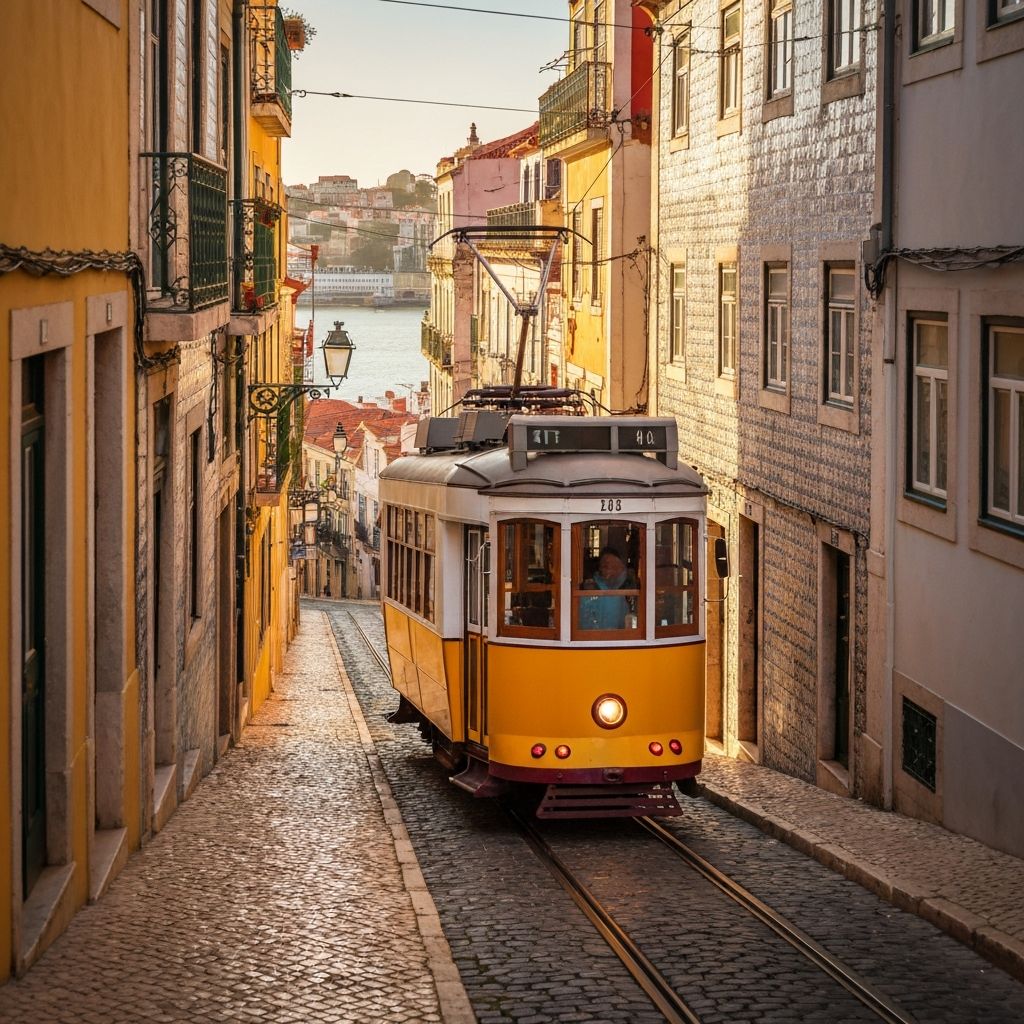 Elétrico amarelo nas ruas de Lisboa